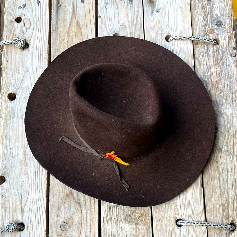 Vintage American Hat Co. Wool Felt Cowboy Hat Brown Houston TX Feather